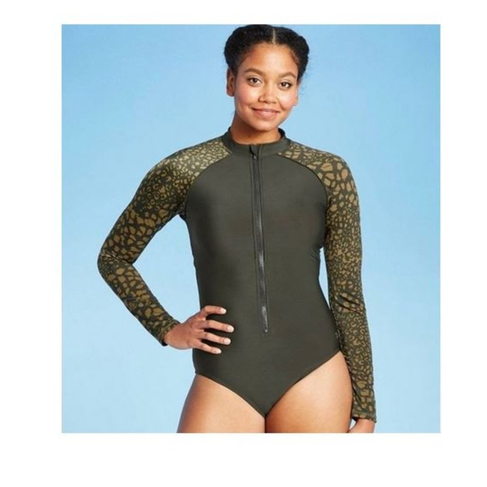 All In Motion - Long Sleeve Mock Neck Olive Green One Piece Rashguard